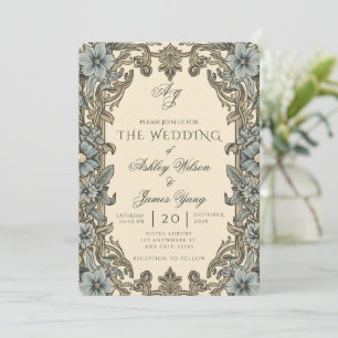 Elegant Blue Floral Botanical Wedding Invitation
