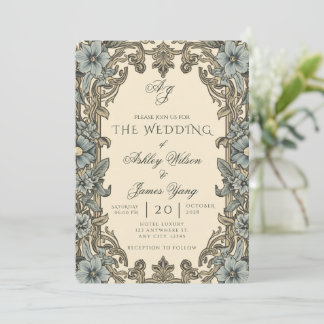 Elegant Blue Floral Botanical Wedding Invitation