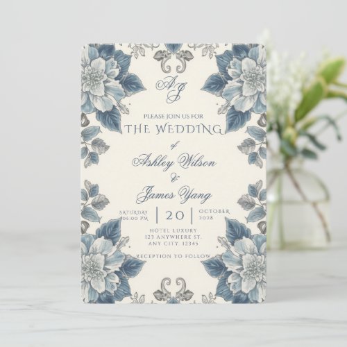 Elegant Blue Floral Botanical Wedding Invitation