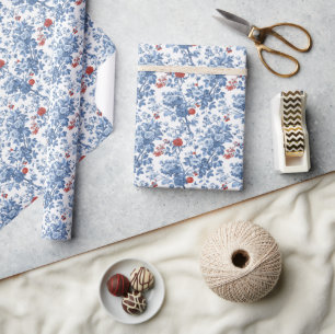 Elegant Blue Floral Botanical Wrapping Paper