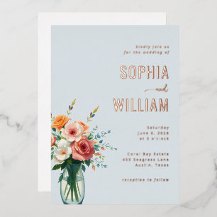 Elegant Blue Floral Bouquet Foil Invitation