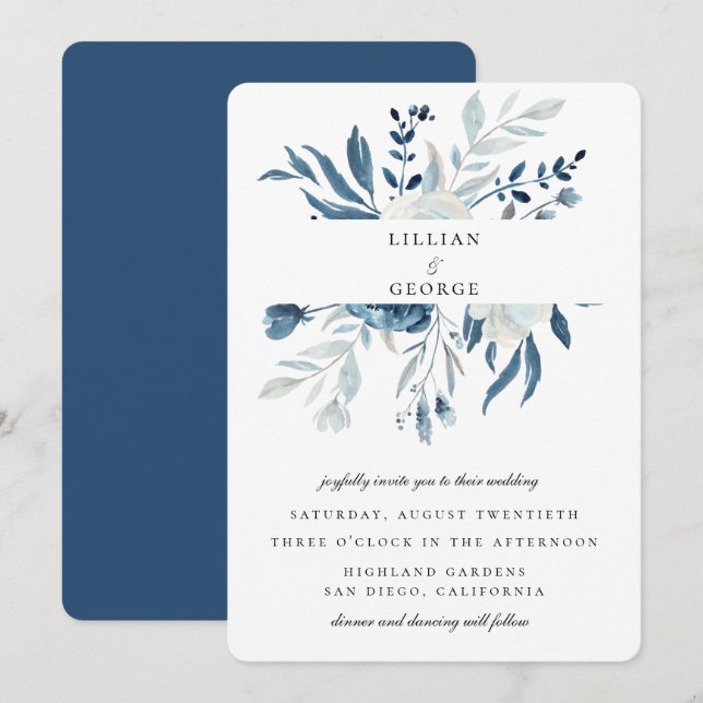 Elegant Blue Floral Bouquet Wedding Invitation (Front/Back)