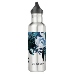Elegant Blue Floral Bouquet with Name Stainless Steel Water Bottle