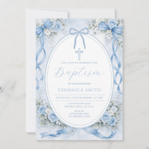 Elegant Blue Floral Bow Baptism Invitation