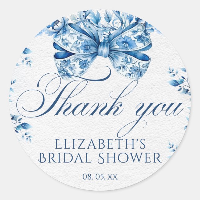 Elegant Blue Floral Bow Calligraphy Thank You Classic Round Sticker (Front)