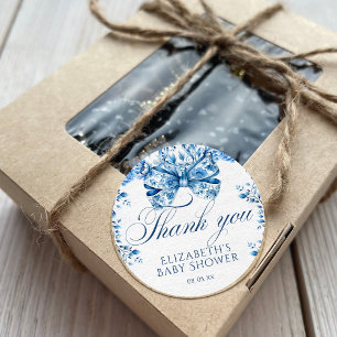 Elegant Blue Floral Bow Calligraphy Thank You Classic Round Sticker