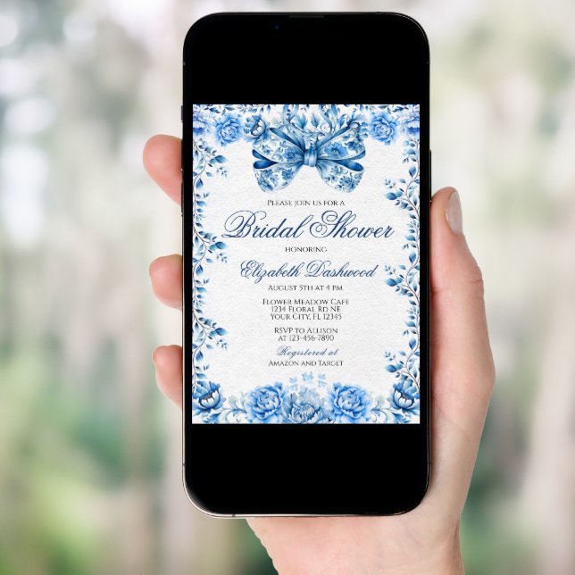 Elegant Blue Floral Bow Regency Era Bridal Shower Invitation (Front Digital)