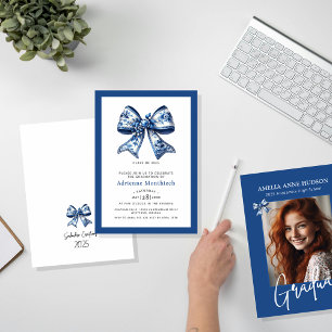 Elegant Blue Floral Bow Ribbon Graduation Party Invitation