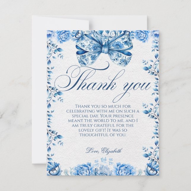 Elegant Blue Floral Bow Script Thank You Card (Front)