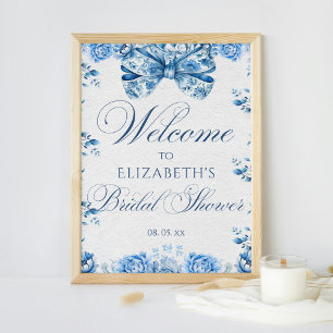 Elegant Blue Floral Bow Toile Calligraphy Welcome Poster