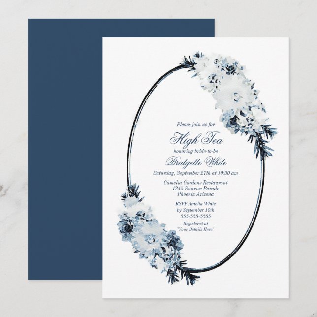 Elegant Blue Floral Bridal High Tea Invitation (Front/Back)