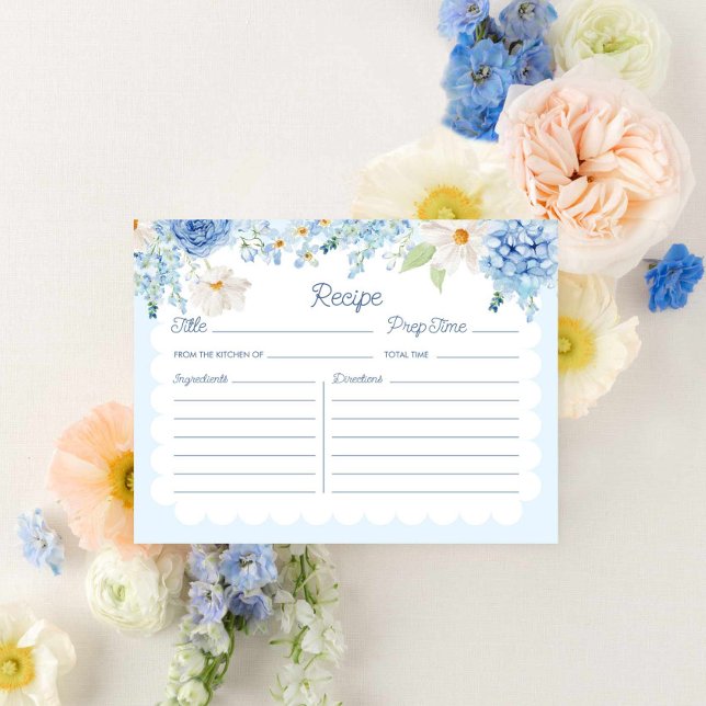 Elegant Blue Floral Bridal Recipe Card (Elegant Blue Flower Recipe Card)