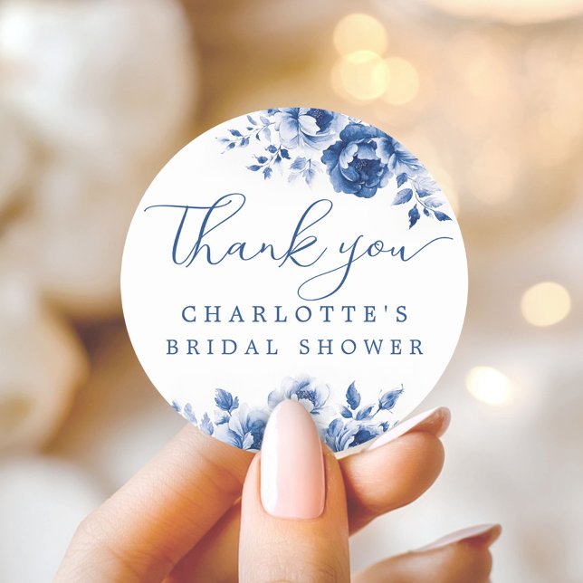 Elegant Blue Floral Bridal Shower Classic Round Sticker (Creator Uploaded)
