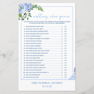 Elegant Blue Floral Bridal Shower Game Printed