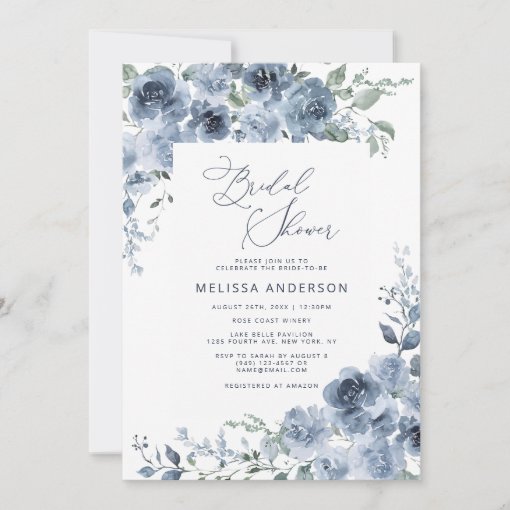 Elegant Blue Floral Bridal Shower Invitation | Zazzle