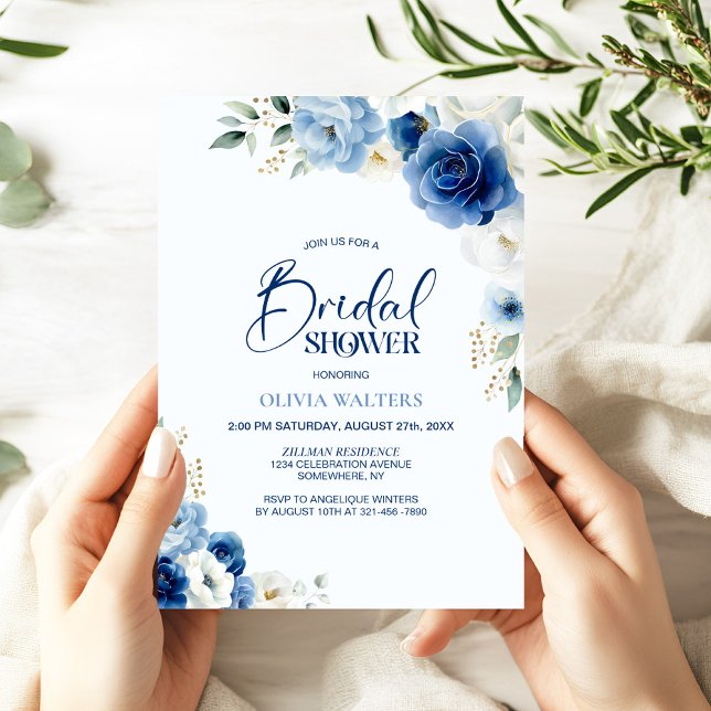 Elegant Blue Floral Bridal Shower Invitation (Creator Uploaded)