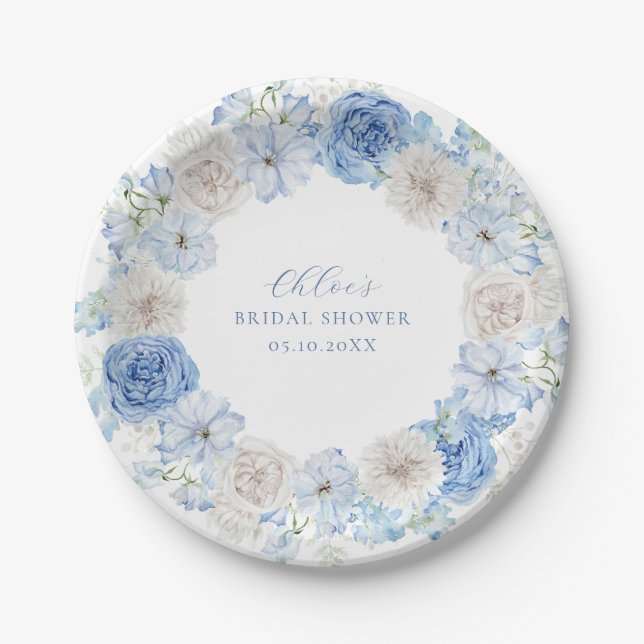 Elegant Blue Floral Bridal Shower Paper Plates (Front)
