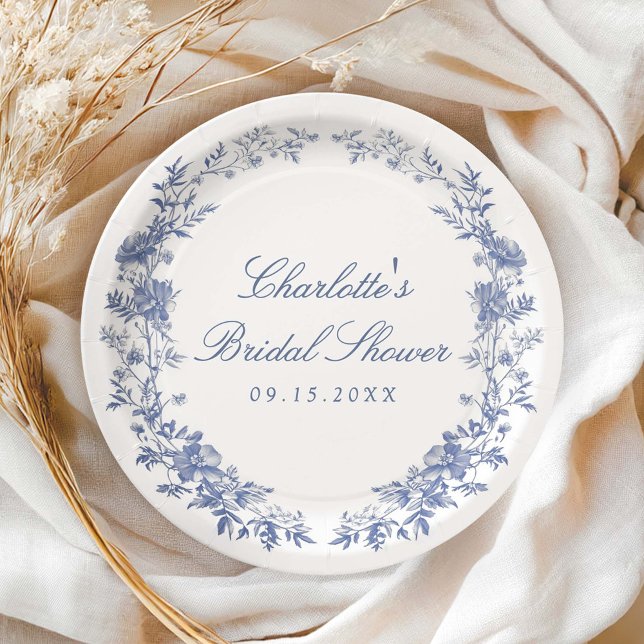 Elegant Blue Floral Bridal Shower Paper Plates (Creator Uploaded)