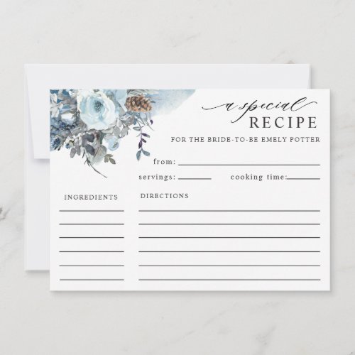 Elegant Blue Floral Bridal Shower Recipe Card