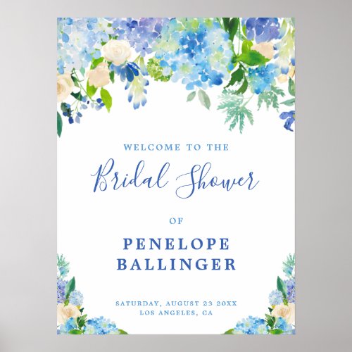 Elegant Blue Floral Bridal Shower Welcome Sign