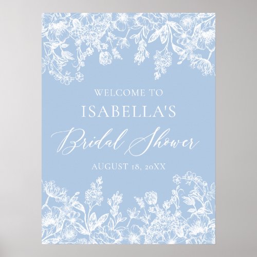 Elegant Blue Floral Bridal Shower Welcome Sign