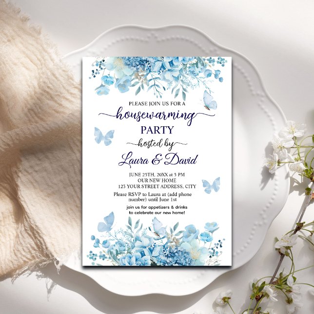 Elegant Blue Floral Butterflies Housewarming Party Invitation (Creator Uploaded)