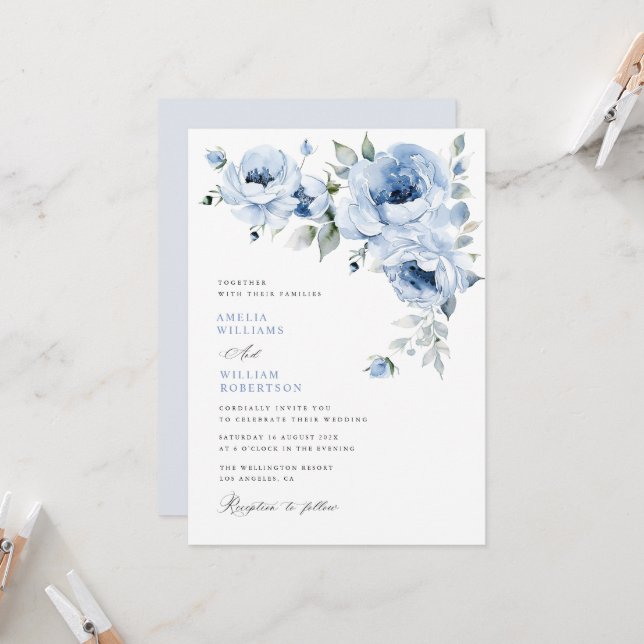 elegant blue floral calligraphy wedding invitation (Front/Back In Situ)