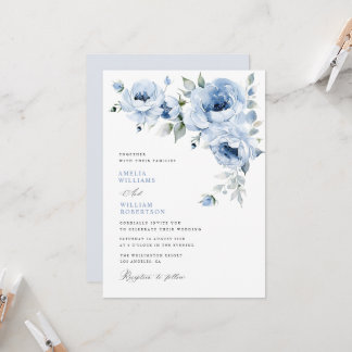 elegant blue floral calligraphy wedding invitation