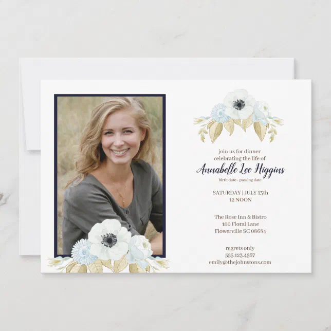 Elegant Blue Floral Celebration of Life Funeral Thank You Card | Zazzle
