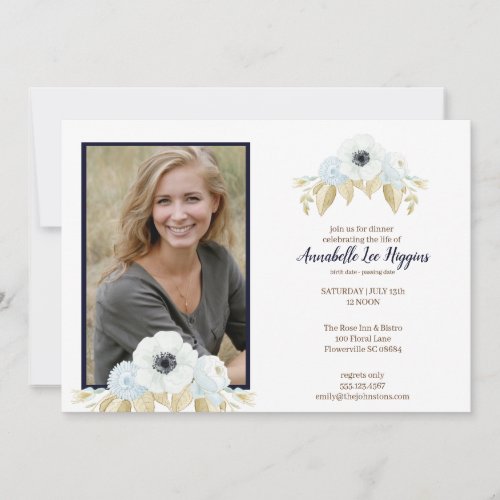 Elegant Blue Floral Celebration of Life Funeral Thank You Card