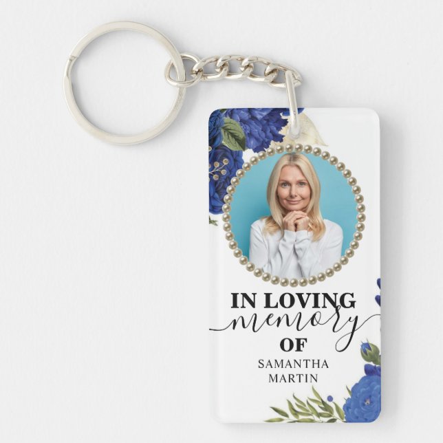 Elegant Blue Floral Celebration of life Gift Keychain (Front)
