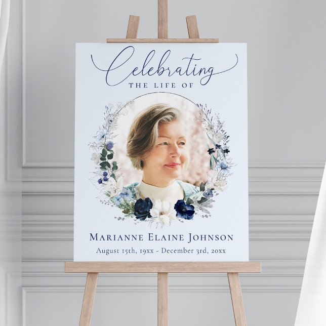 Elegant Blue Floral Celebration of Life Welcome Foam Board (Creator Uploaded)