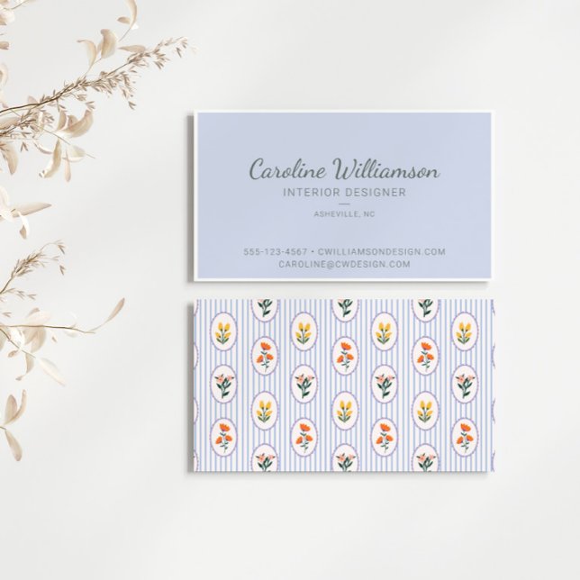 Elegant Blue Floral Chic Script Interior Designer Business Card (Creator Uploaded)