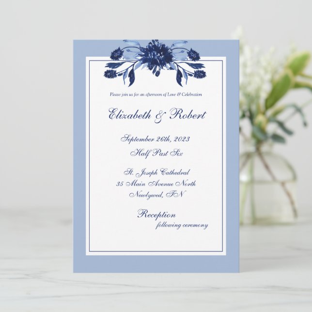 Elegant Blue Floral Chic Script Wedding Invitation (Standing Front)