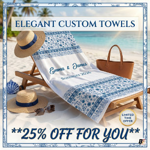 Elegant Blue Floral Chinoiserie Custom S Vacation Beach Towel