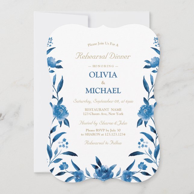 Elegant blue floral Chinoiserie Rehearsal Dinner Invitation (Front)