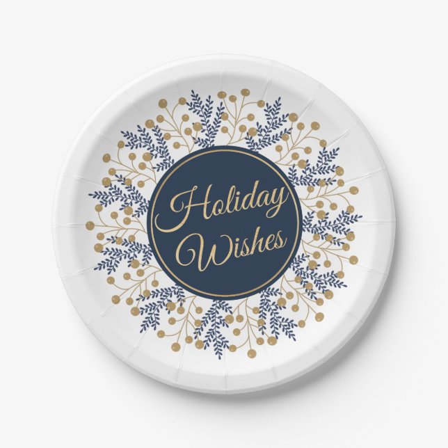 Elegant Blue Floral Christmas Holiday Wishes Paper Plates (Front)