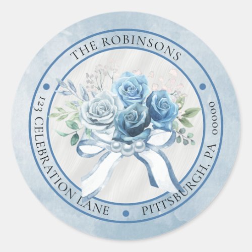 Elegant Blue Floral Circle Return Address Classic Round Sticker