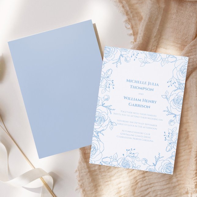 Elegant Blue Floral Classic Wedding Invitation (Elegant dusty blue floral wedding invitation with envelope and full rose border design)
