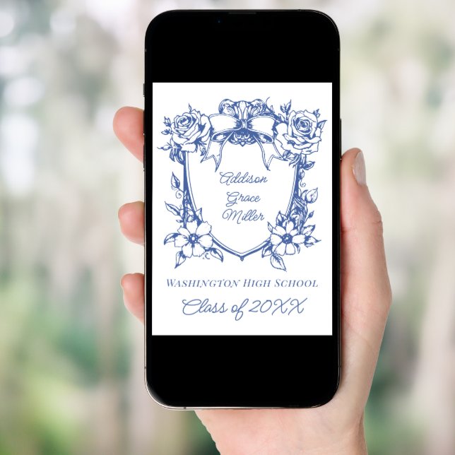 Elegant Blue Floral Coquette Graduation Photo  Invitation (Front Digital)