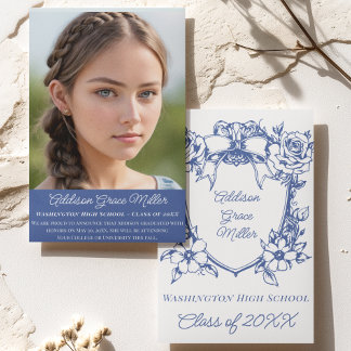 Elegant Blue Floral Coquette Graduation Photo  Invitation