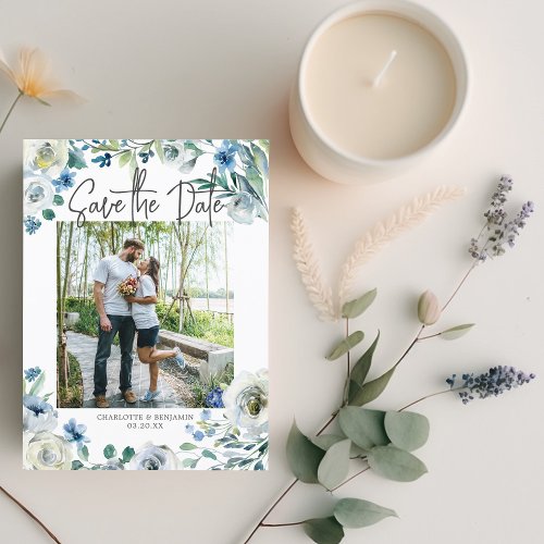Elegant Blue Floral Couple Photo Save the Date Invitation Postcard