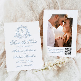 Elegant Blue Floral Crest Monogram Photo Wedding Save The Date