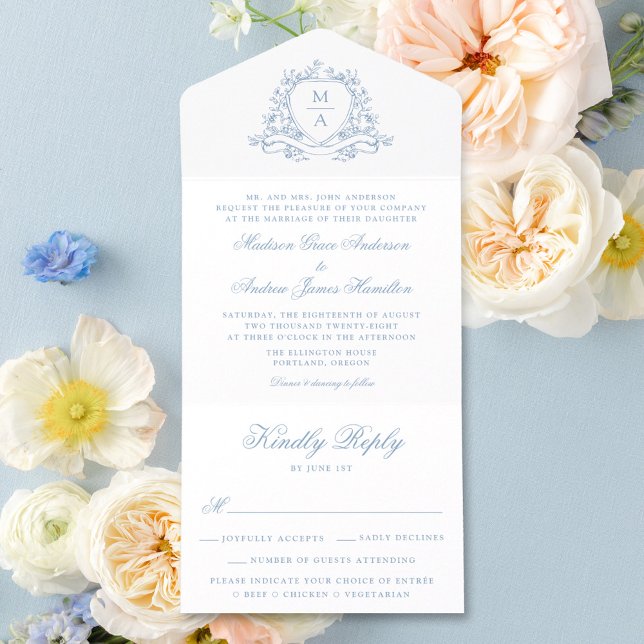 Elegant Blue Floral Crest Monogram Wedding  All In One Invitation (Creator Uploaded)