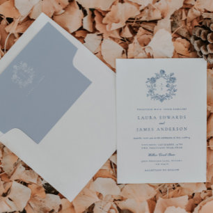 Elegant Blue Floral Crest Monogram Wedding Envelope Liner