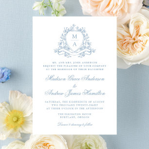Elegant Blue Floral Crest Monogram Wedding Invitation