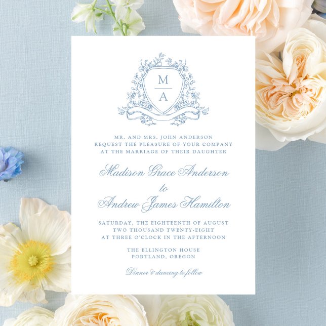 Elegant Blue Floral Crest Monogram Wedding Invitation (Creator Uploaded)