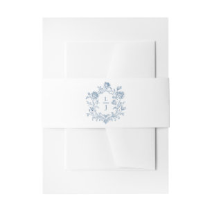 Elegant Blue Floral Crest Monogram Wedding Invite Invitation Belly Band