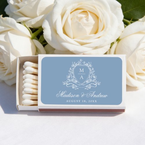 Elegant Blue Floral Crest Monogram Wedding Matchboxes