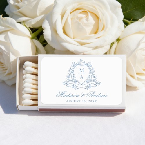 Elegant Blue Floral Crest Monogram Wedding Matchboxes